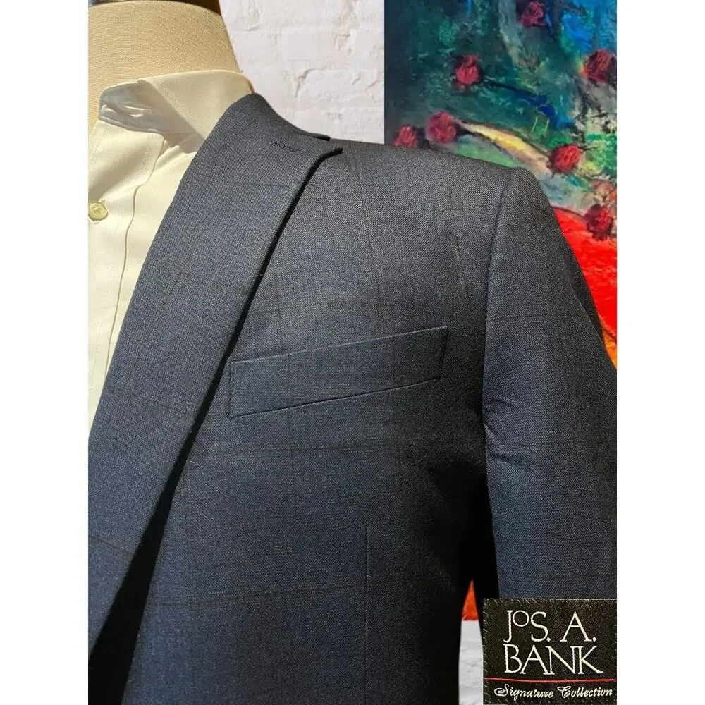 Jos A Bank Signature Collection Blazer 44L Blue Plaid Wool Sport Coat Jacket